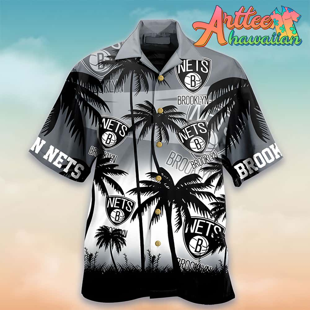 Nba Brooklyn Nets Black Gray Palm Trees Hawaiian Shirt