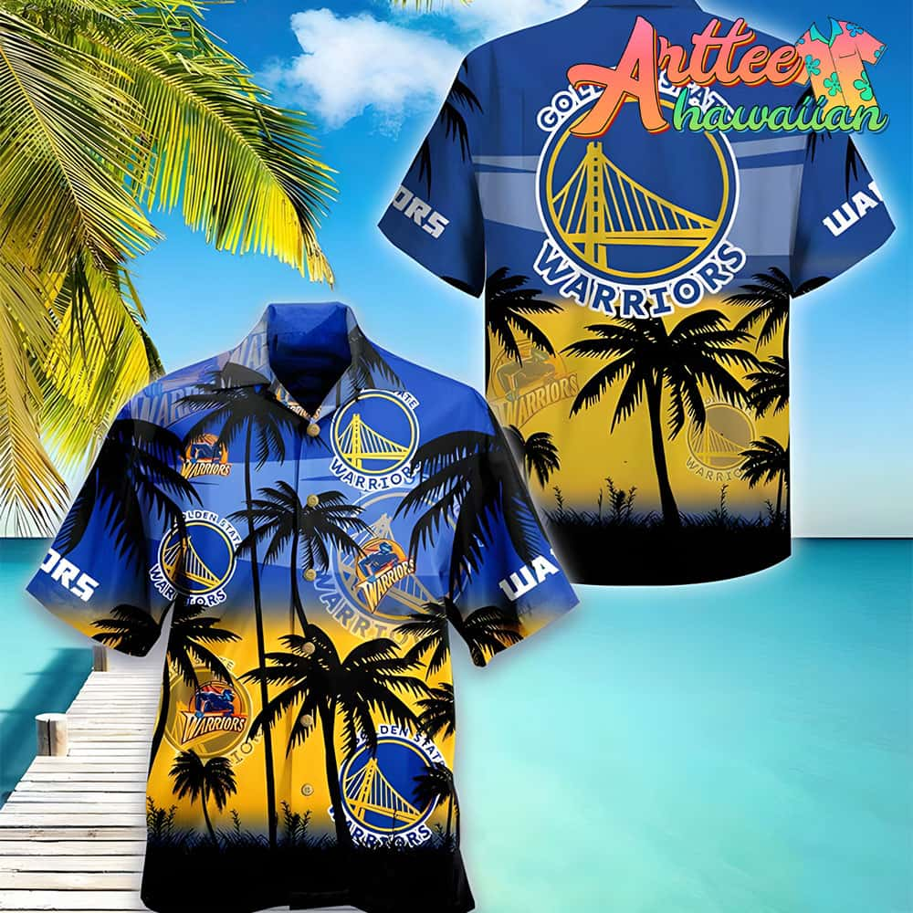 Nba Golden State Warriors Blue Yellow Palm Trees Hawaiian Shirt