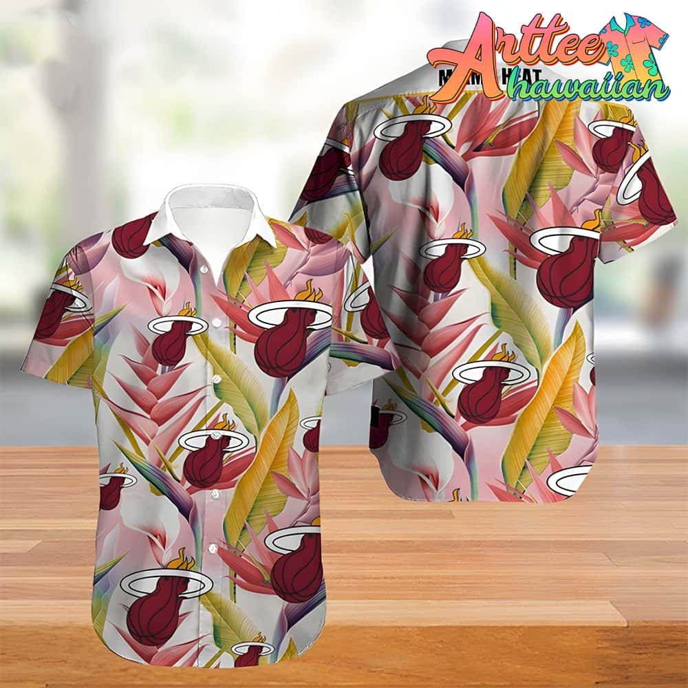 Nba Miami Heat Pink Yellow Tropical Flowers Hawaiian Shirt