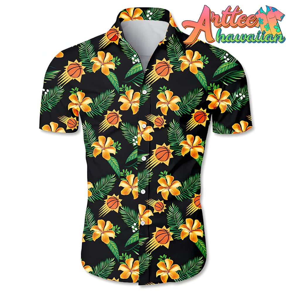 Nba Phoenix Suns Orange Hibiscus Flowers Green Leaves Hawaiian Shirt