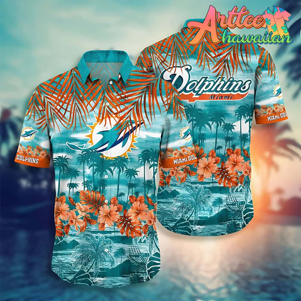 Nfl Miami Dolphins Aqua Orange Flowers Hawaiian Shirt