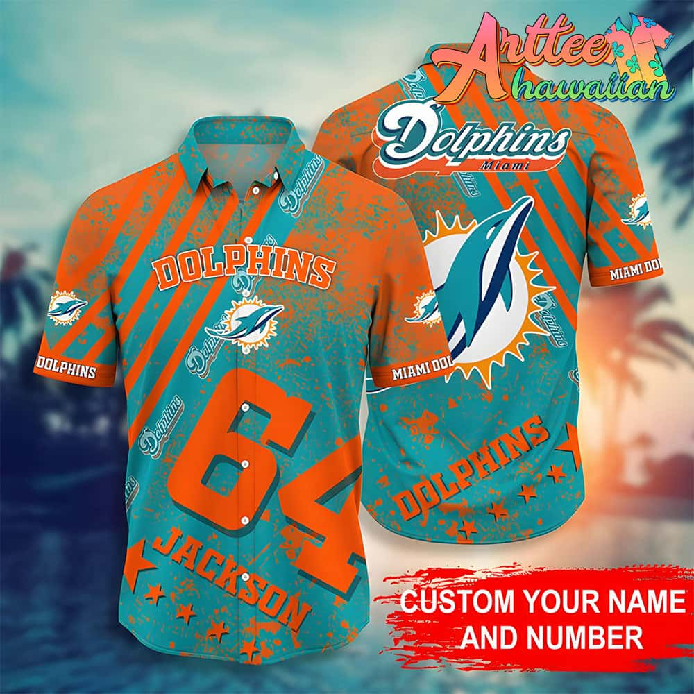 Nfl Miami Dolphins Custom Name Number Aqua Orange Hawaiian Shirt