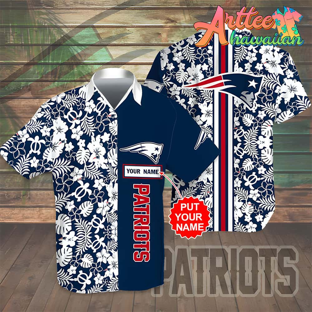 Nfl New England Patriots Custom Name White Flower Navy Hawaiian Shirt