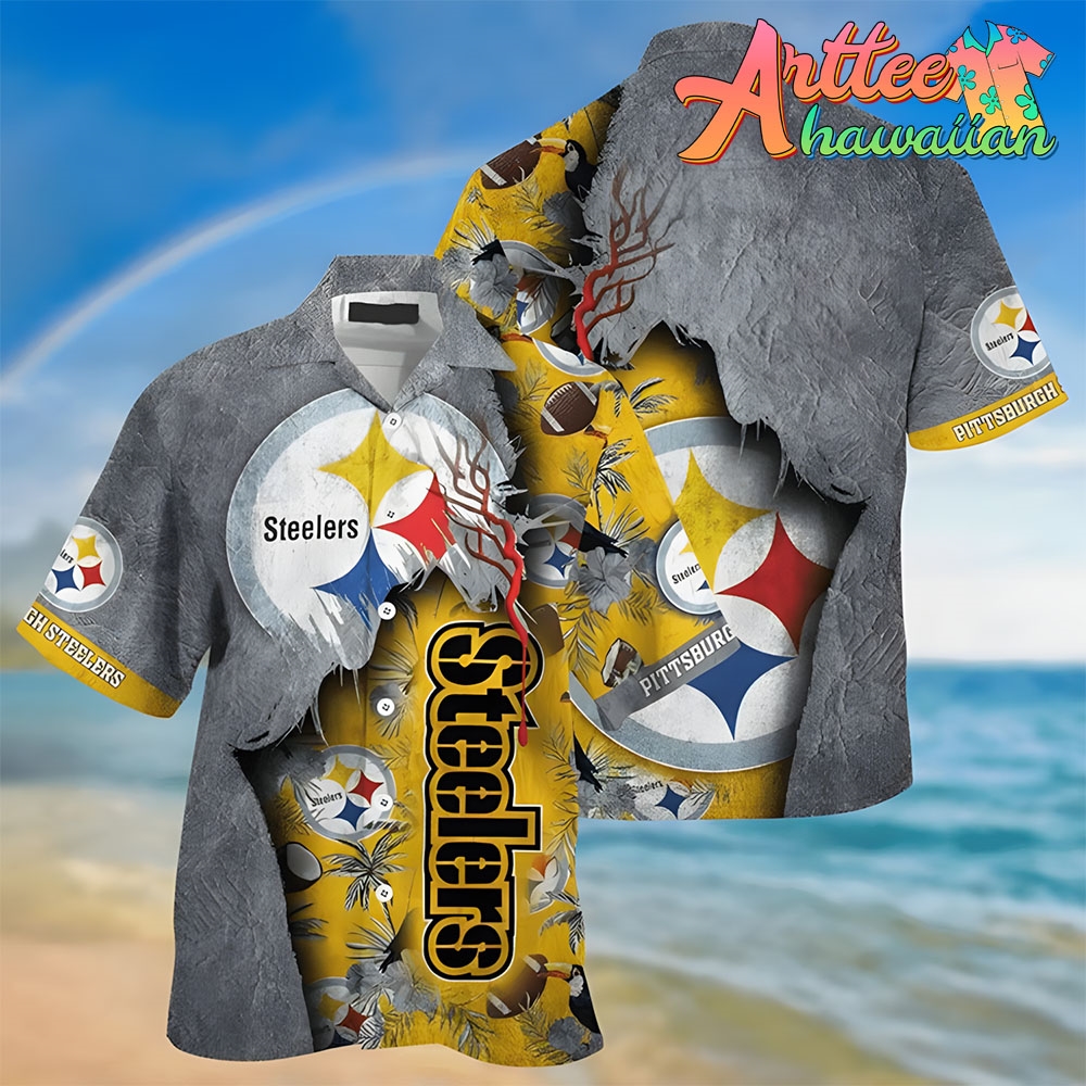 Nfl Pittsburgh Steelers Grey Golden Big Logo Hawaiian Shirt