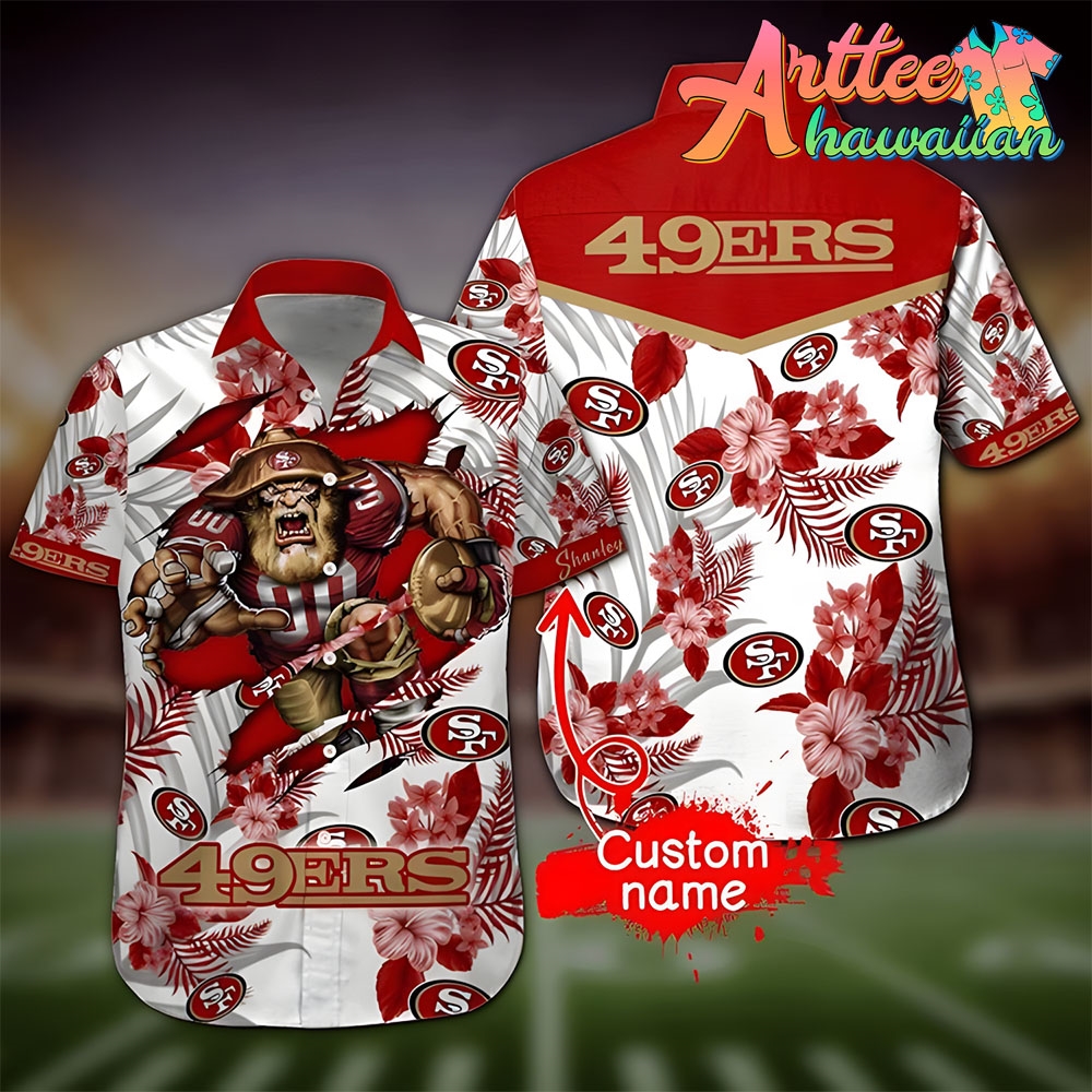 Nfl San Francisco 49ers Custom Name Red Flower White Fashhion Hawaiian Shirt