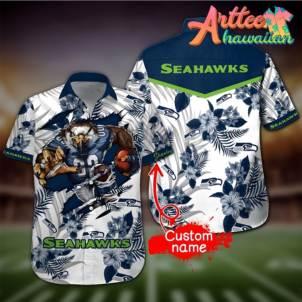 Nfl Seattle Seahawks Custom Name Mascot White Hawaiian Shirt