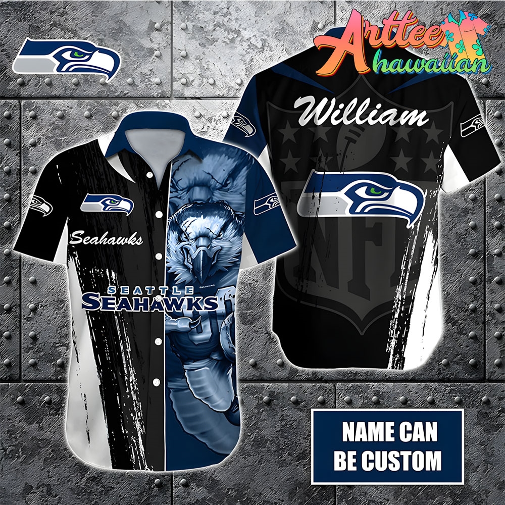 Nfl Seattle Seahawks Custom Name Special Half Tone Mascot Hawaiian Shirt