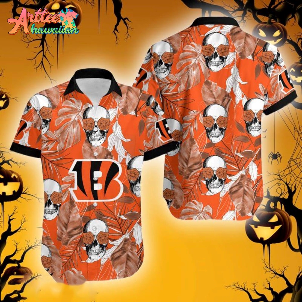 Logo Team NFL Cincinnati Bengals Skull Rose And Palm Leaf Hawaiian Shirt Style Summer Sport Hawaiian Shirt