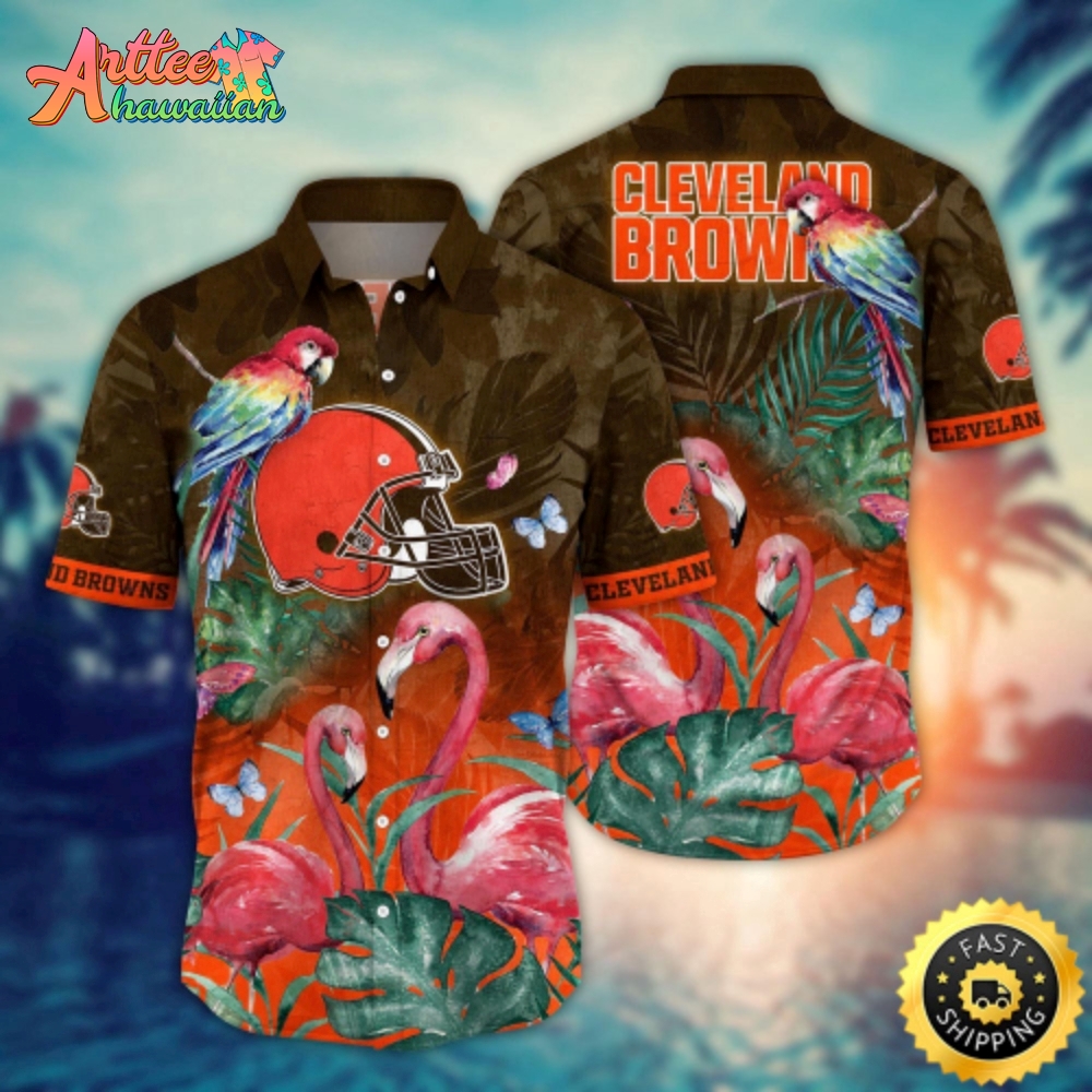 Logo Team NFL Cleveland Browns Flamingo And Palm Tree And Parrot Hawaiian Shirt Style Summer Sport Hawaiian Shirt