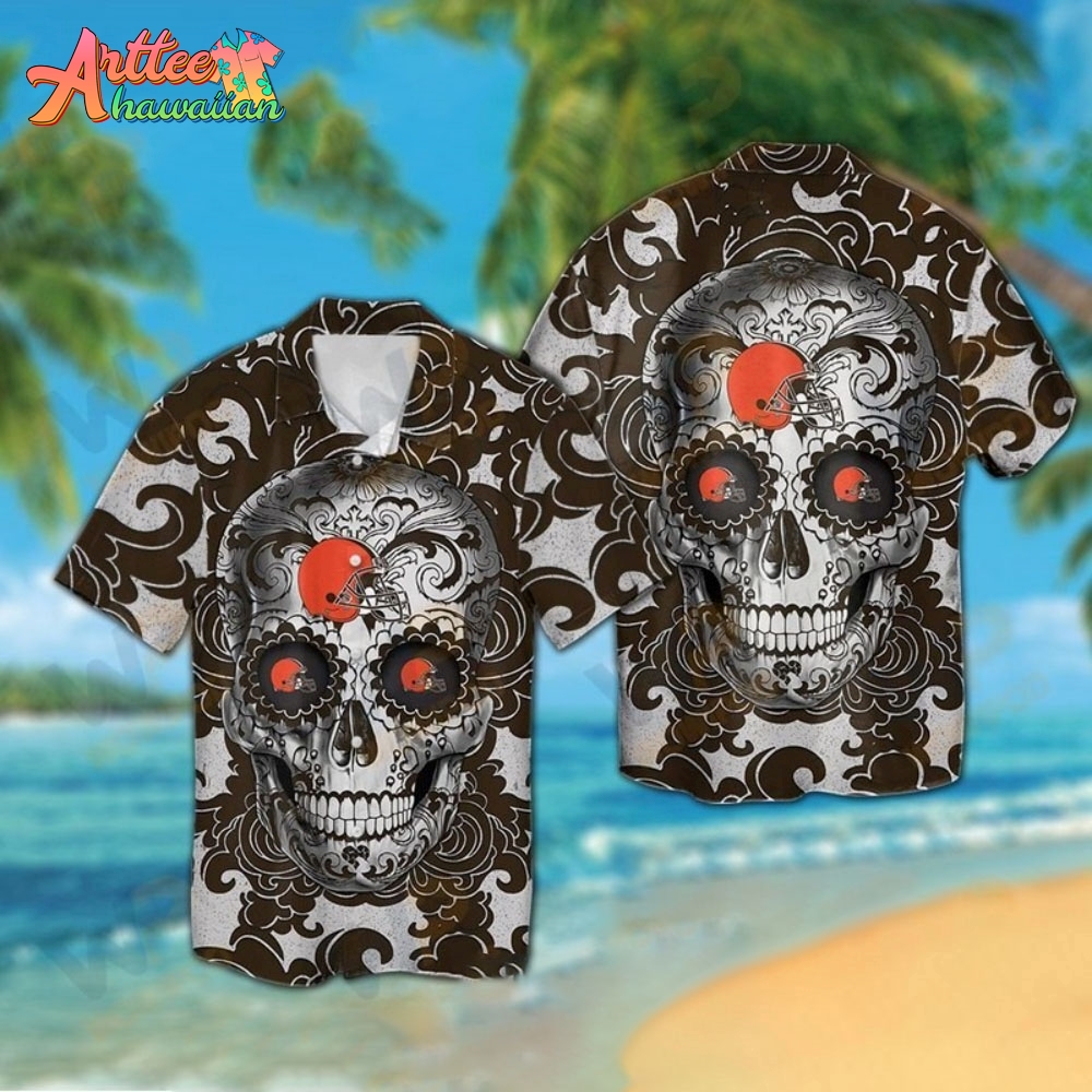 Logo Team NFL Cleveland Browns Sugar Skull Hawaiian Shirt Style Summer Sport Hawaiian Shirt