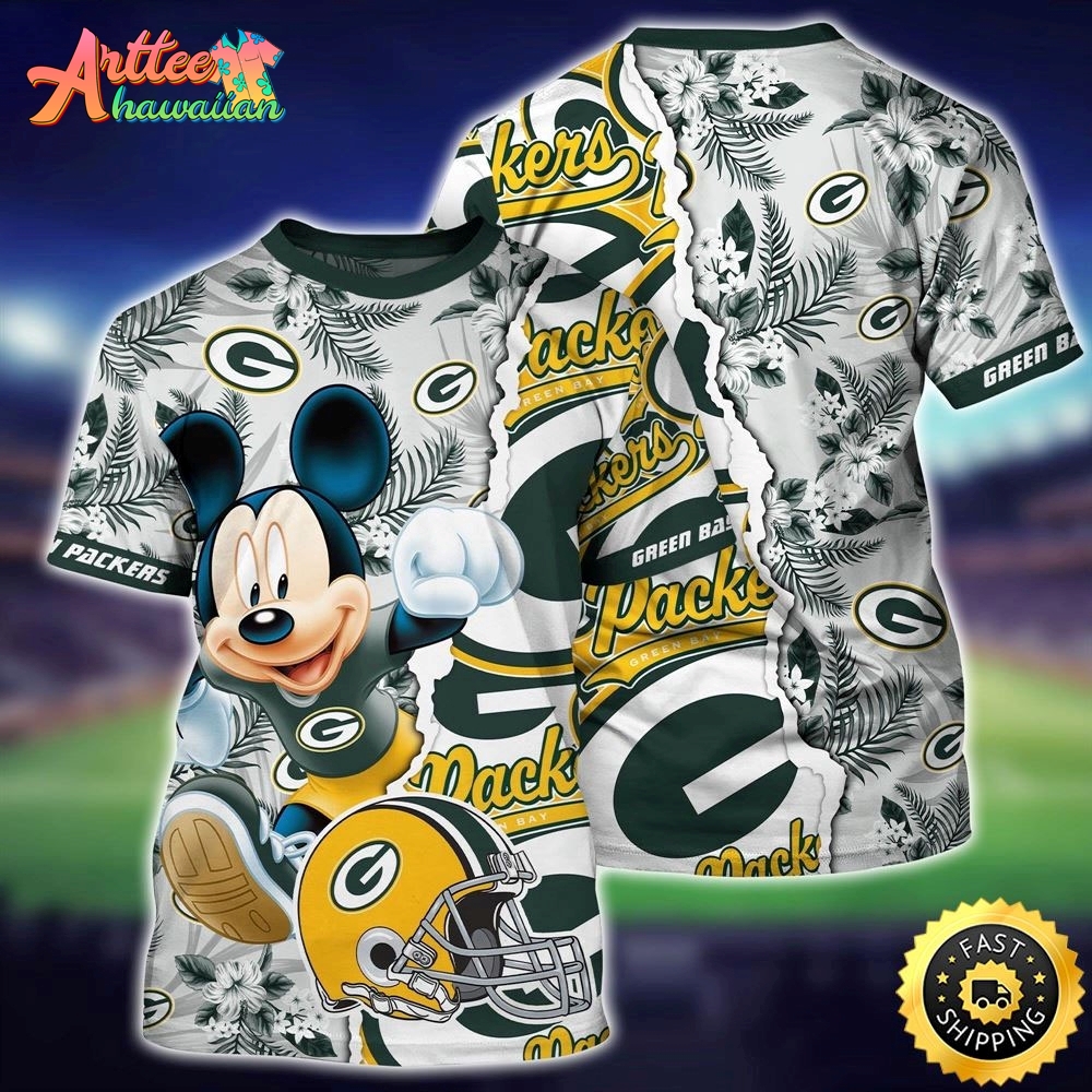 Logo Team NFL Green Bay Packers Mickey Mouse And Palm Tree Hawaiian Shirt Style Summer Sport Hawaiian Shirt