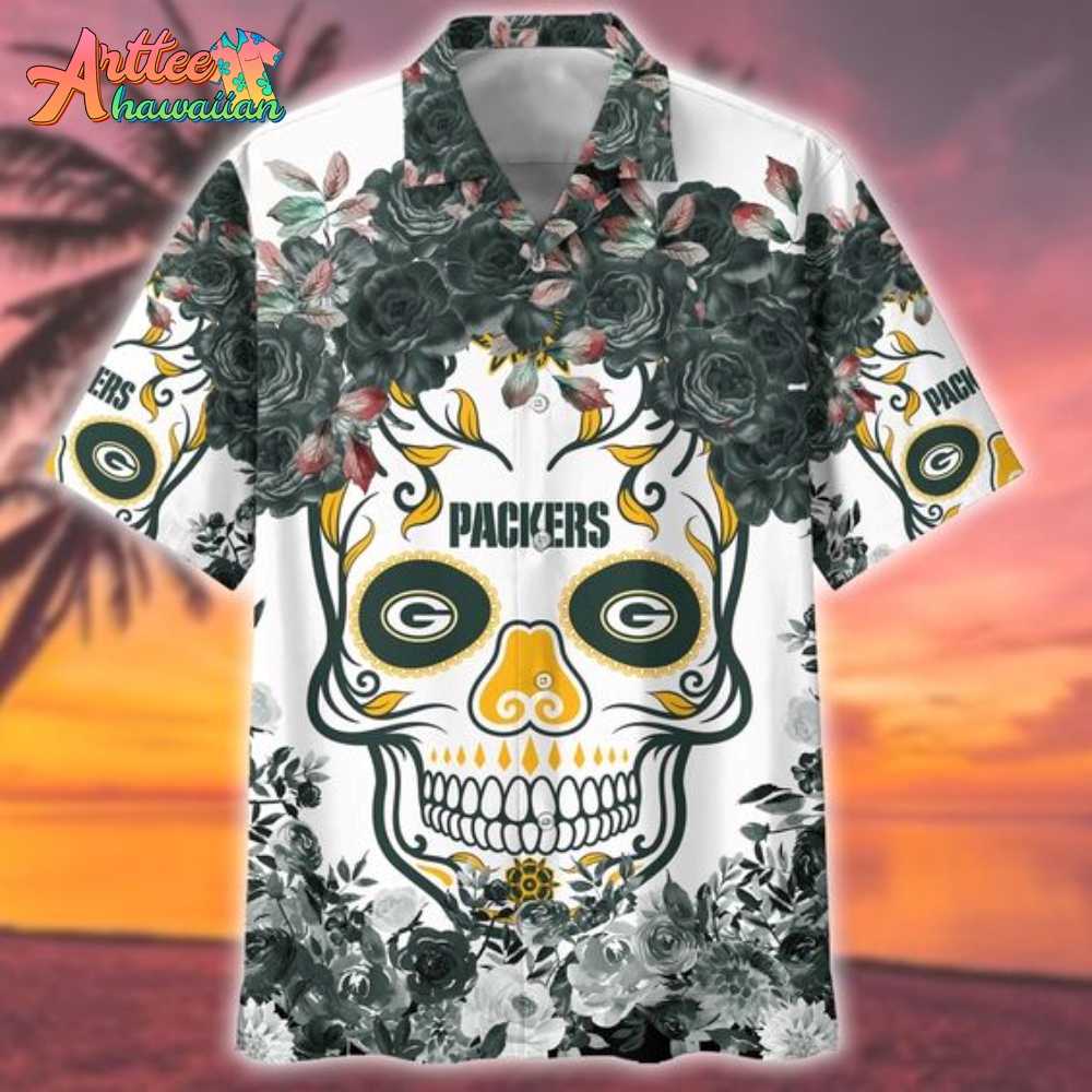 Logo Team NFL Green Bay Packers Skull Rose Hawaiian Shirt Style Summer Sport Hawaiian Shirt