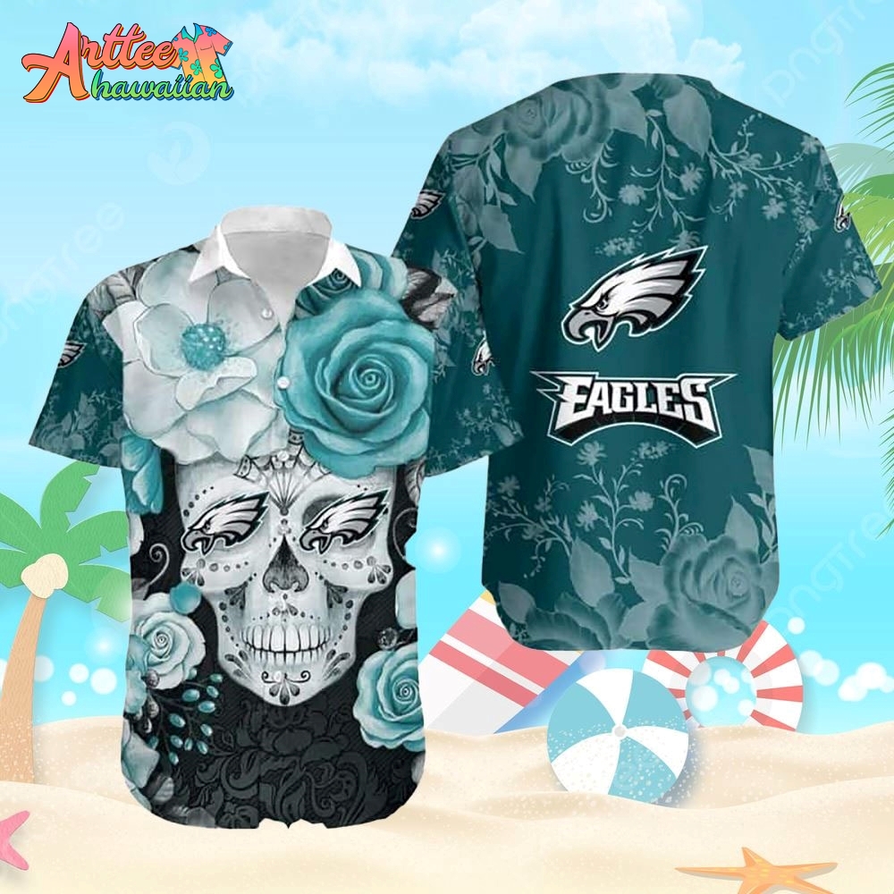 Logo Team NFL Philadelphia Eagles Skull Rose Hawaiian Shirt Style Summer Sport Hawaiian Shirt