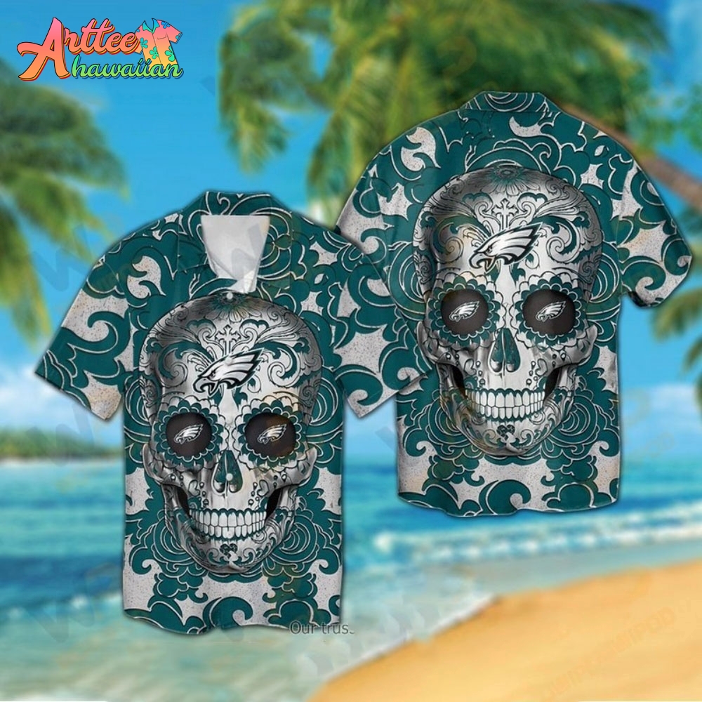 Logo Team NFL Philadelphia Eagles Sugar Skull Hawaiian Shirt Style Summer Sport Hawaiian Shirt