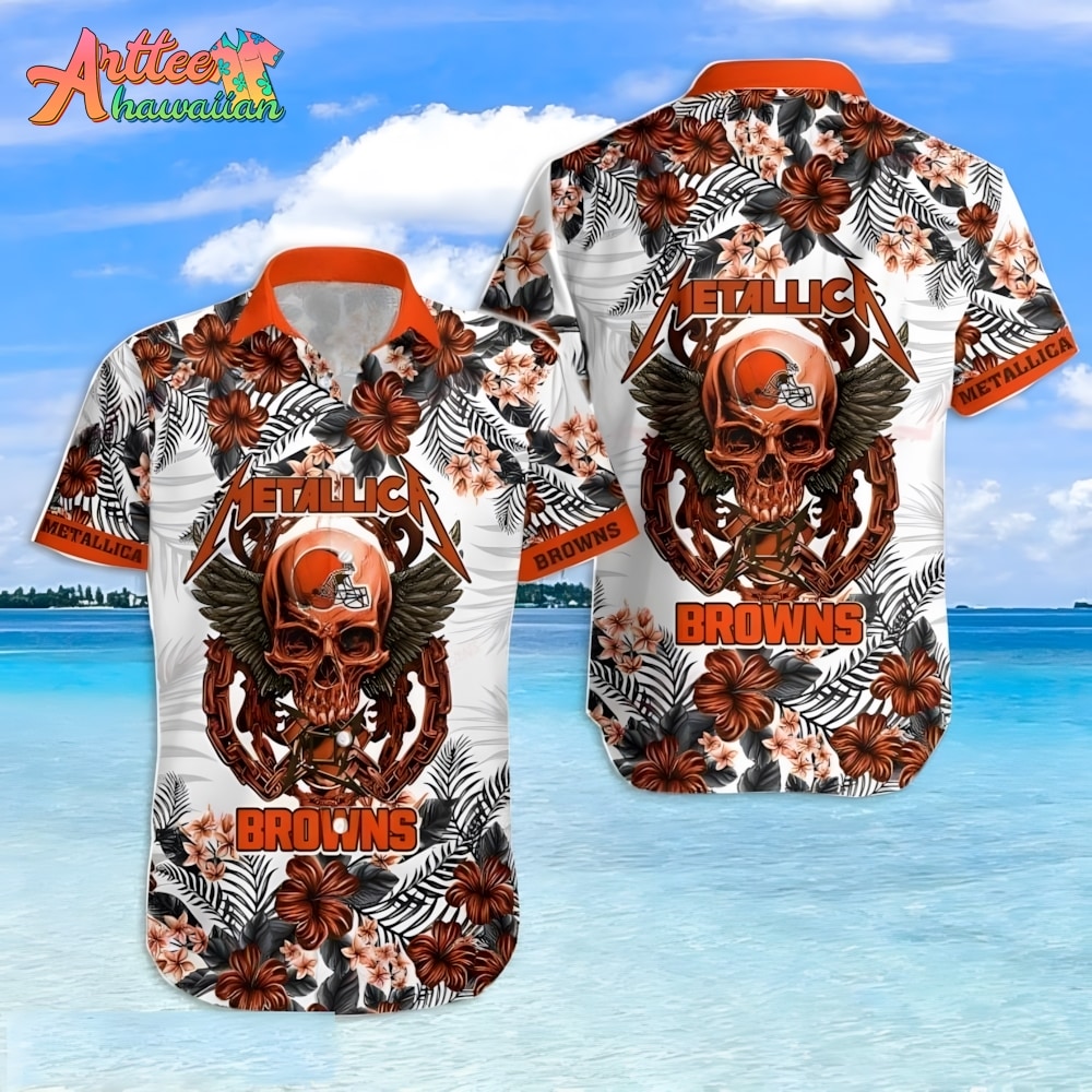 NFL Team Cleveland Browns Metallica And Flower Hawaiian Shirt Style Summer Sport Hawaiian Shirt