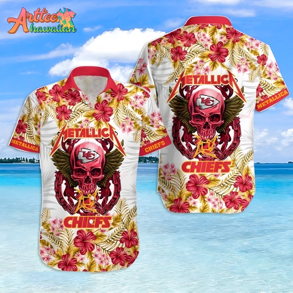 NFL Team Kansas City Chiefs Metallica And Flower Hawaiian Shirt Style Summer Sport Hawaiian Shirt